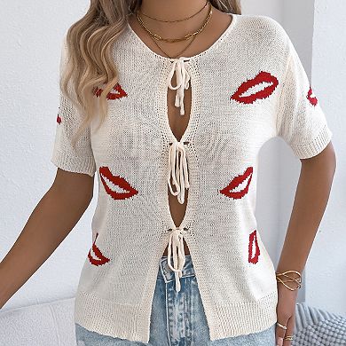 Women’s Jacquard Knit Top Tie-Front Keyhole Short Sleeve Valentine Sweater