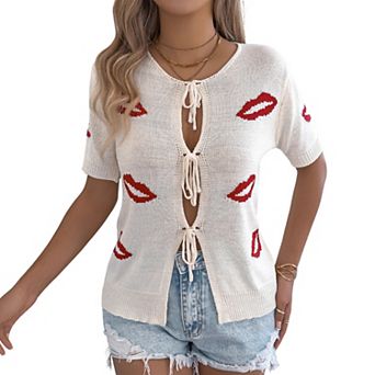 Women’s Jacquard Knit Top Tie-Front Keyhole Short Sleeve Valentine Sweater
