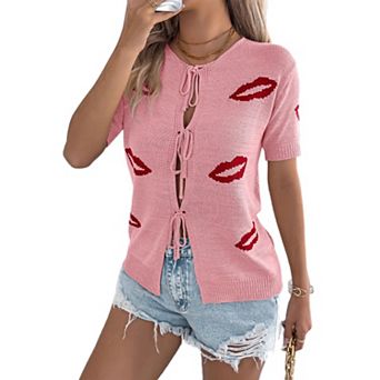 Women’s Jacquard Knit Top Tie-Front Keyhole Short Sleeve Valentine Sweater