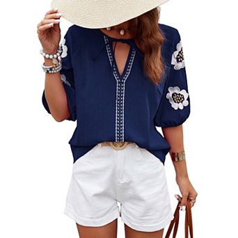 Women's V-Neck Blouse Floral Embroidered Tie Neck Puff Short Sleeve Loose Casual Top