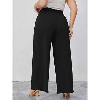 Women's Plus Size Wide Leg Pants High Waist Tie Front Casual Flowy Trousers