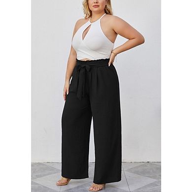 Women's Plus Size Wide Leg Pants High Waist Tie Front Casual Flowy Trousers
