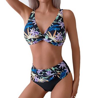 Women's Floral Print Two Piece Swimsuit, Twist Front High Waisted Bikini Set