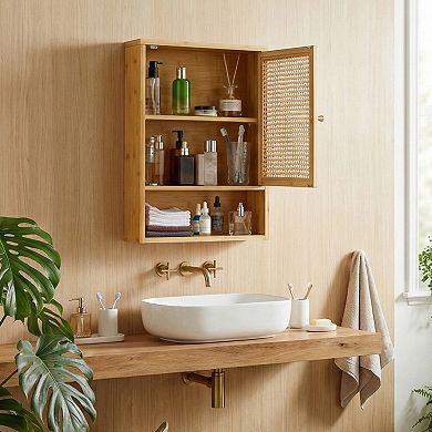 Rattan Wood Wall Cabinet, Hanging Bathroom Storage Organizer, Space-Saving Wall Mounted Furniture