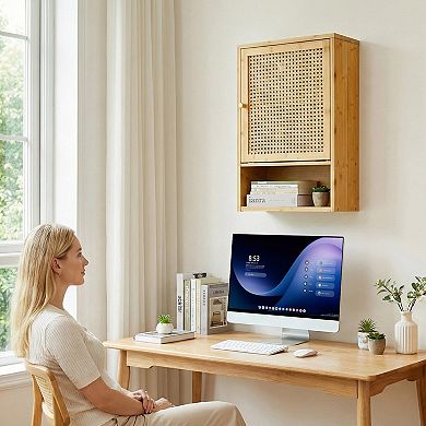 Rattan Wood Wall Cabinet, Hanging Bathroom Storage Organizer, Space-Saving Wall Mounted Furniture