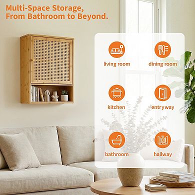 Rattan Wood Wall Cabinet, Hanging Bathroom Storage Organizer, Space-Saving Wall Mounted Furniture