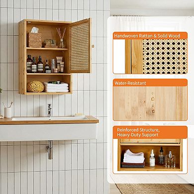 Rattan Wood Wall Cabinet, Hanging Bathroom Storage Organizer, Space-Saving Wall Mounted Furniture