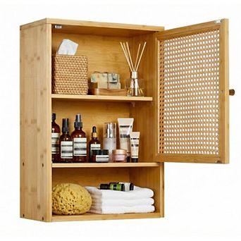 Rattan Wood Wall Cabinet, Hanging Bathroom Storage Organizer, Space-Saving Wall Mounted Furniture