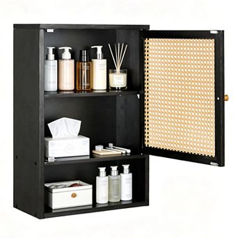 Rattan Wood Wall Cabinet, Hanging Bathroom Storage Organizer, Space-Saving Wall Mounted Furniture