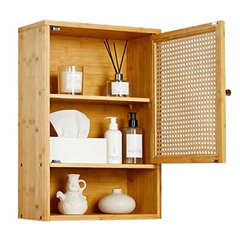Rattan Wood Wall Cabinet, Hanging Bathroom Storage Organizer, Space-Saving Wall Mounted Furniture