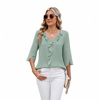 Women's Ruffle Trim V-Neck Blouse