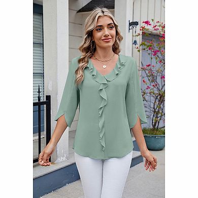 Women's Ruffle Trim V-Neck Blouse