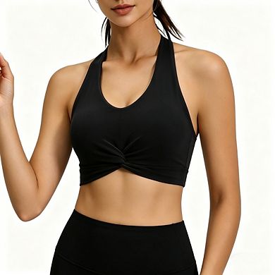 Women's Halter Workout Sports Bra Twisted Front High Stretch Yoga Top With Removable Pads Activewear