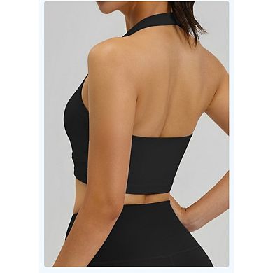Women's Halter Workout Sports Bra Twisted Front High Stretch Yoga Top With Removable Pads Activewear
