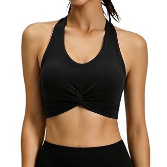 Women's Halter Workout Sports Bra Twisted Front High Stretch Yoga Top With Removable Pads Activewear