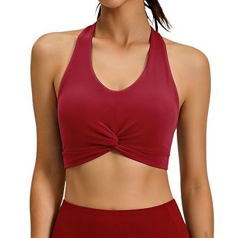 Women's Halter Workout Sports Bra Twisted Front High Stretch Yoga Top With Removable Pads Activewear