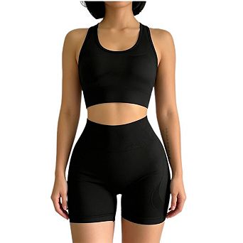 Women's Workout Set 2 pc High Waisted Bike Shorts Racerback Sports Bra For Yoga Gym & Running