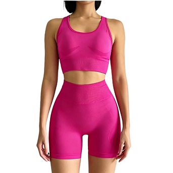 Women's Workout Set 2 pc High Waisted Bike Shorts Racerback Sports Bra For Yoga Gym & Running