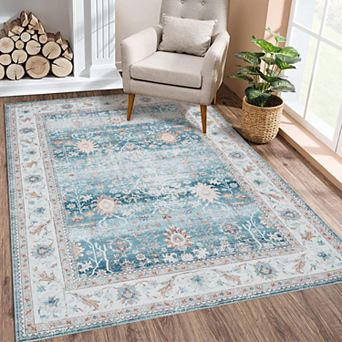 Vintage Floral Area Rugs Large Machine Washable Non Slip Non Shedding Foldable