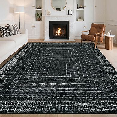 Machine Washable Indoor Modern Geometric Bordered Rectangular Non Slip Area Rug