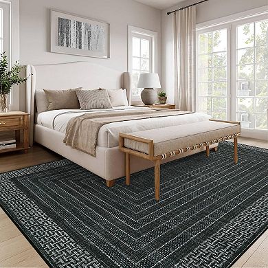 Machine Washable Indoor Modern Geometric Bordered Rectangular Non Slip Area Rug