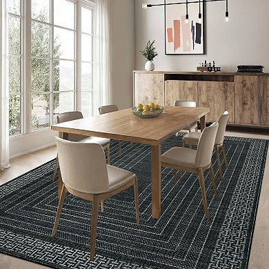 Machine Washable Indoor Modern Geometric Bordered Rectangular Non Slip Area Rug