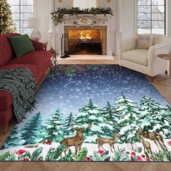 Christmas Area Rugs Washable Non Slip Indoor Mats with Christmas Tree Reindeer