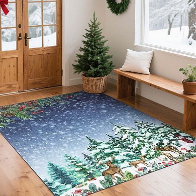 Christmas Area Rugs Washable Non Slip Indoor Mats with Christmas Tree Reindeer