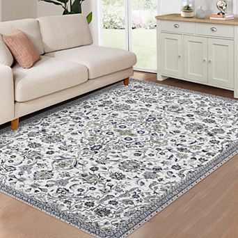 Vintage Floral Area Rugs Traditional Distressed Design Indoor Throw Carpet Non Slip Low Pile