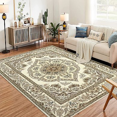 Vintage Area Rugs Yellow Tone Ultra Thin Traditional Medallion Design Low Profile Pile