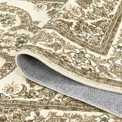 Vintage Area Rugs Yellow Tone Ultra Thin Traditional Medallion Design Low Profile Pile