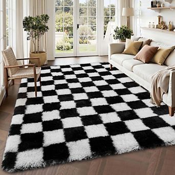 Shaggy Area Rugs Modern Checkered Design Non Slip Fluffy Carpet for Living Room Bedroom