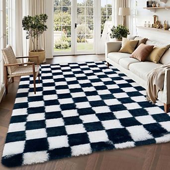 Shaggy Area Rugs Modern Checkered Design Non Slip Fluffy Carpet for Living Room Bedroom