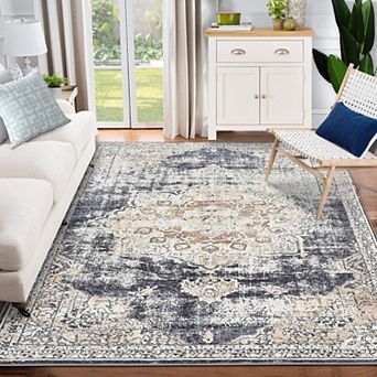 Oriental Medallion Area Rugs Beige Black Tone Low Profile Pile Indoor Vintage Design