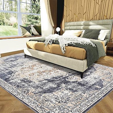 Oriental Medallion Area Rugs Beige Black Tone Low Profile Pile Indoor Vintage Design