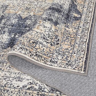 Oriental Medallion Area Rugs Beige Black Tone Low Profile Pile Indoor Vintage Design