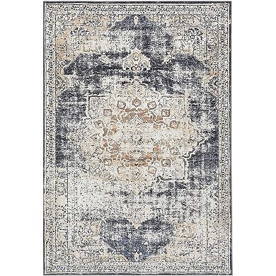 Oriental Medallion Area Rugs Beige Black Tone Low Profile Pile Indoor Vintage Design