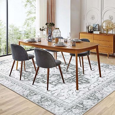 Vintage Floral Area Rugs Washable Non Slip Non Shedding Soft Foldable Carpets for Dining Room