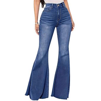 Women's High Waist Bootcut Leg Jeans Heart Pocket Bell Bottom Denim Pants