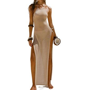 Women's Swimwear Crochet Knitted Backless High Slit Beach Maxi Dress Cover Ups