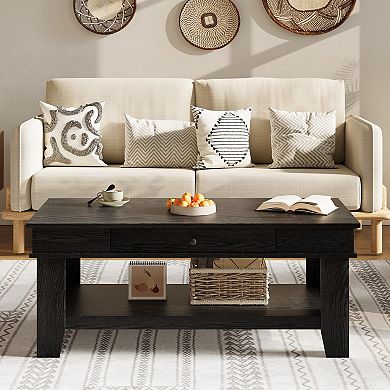 Modern 2-Tier Coffee Table Rectangular Center Table with Drawer and Storage Shelf