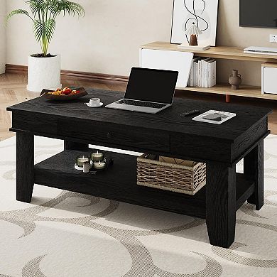 Modern 2-Tier Coffee Table Rectangular Center Table with Drawer and Storage Shelf