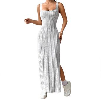 Women's Square Neck Sleeveless Split Lounge Ribbed Bodycon Elegant Long Maxi Dress