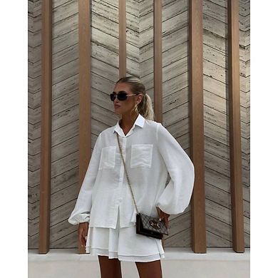 Women 2 Piece Outfits Long Sleeve Button Down Blouse And Ruffle Hem Shorts Sweatsuit Sets