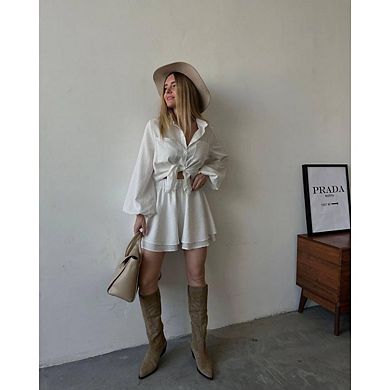 Women 2 Piece Outfits Long Sleeve Button Down Blouse And Ruffle Hem Shorts Sweatsuit Sets