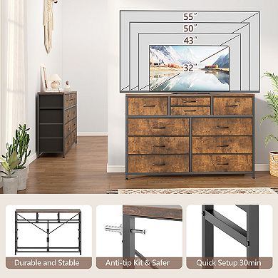 10-Drawer Dresser TV Stand with Wood Top & Fabric Storage Bins