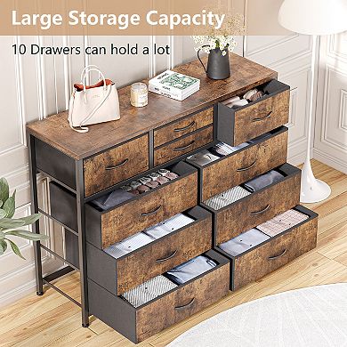 10-Drawer Dresser TV Stand with Wood Top & Fabric Storage Bins