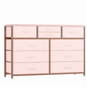 10-Drawer Dresser TV Stand with Wood Top & Fabric Storage Bins