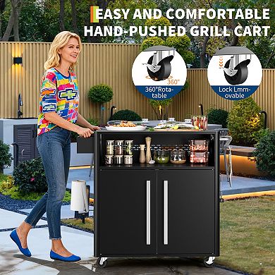 Heavy-Duty Outdoor Kitchen Grill Cart Large Double-Door Storage & Drawer BBQ Tools