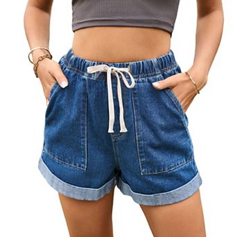 Women's High Waist Drawstring Denim Shorts, Elastic Waist Rolled Hem Casual Jean Shorts